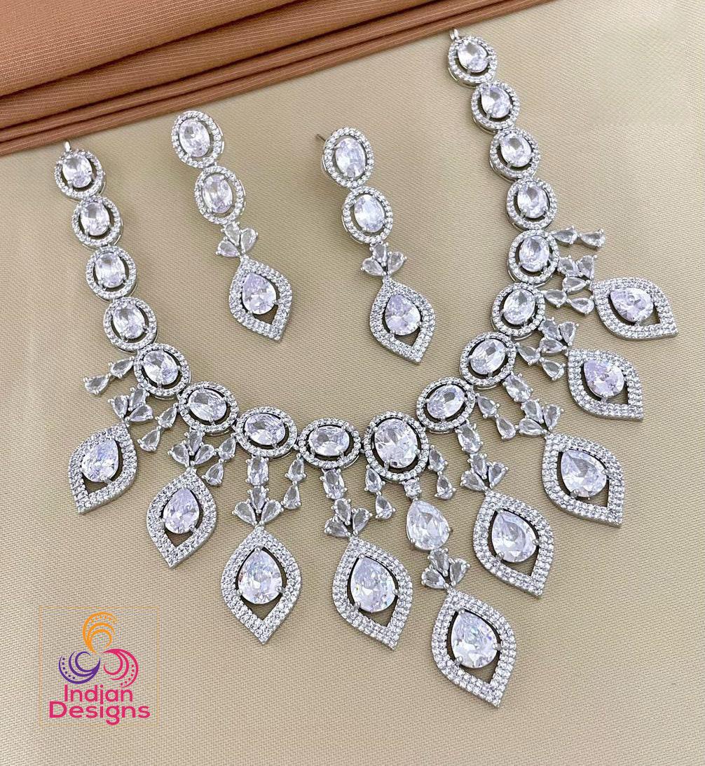 Mint Green Statement Necklace | American diamond necklace set rose gold | Cz ad Indian jewelry sets | Beautiful Pakistani Jewelry designs