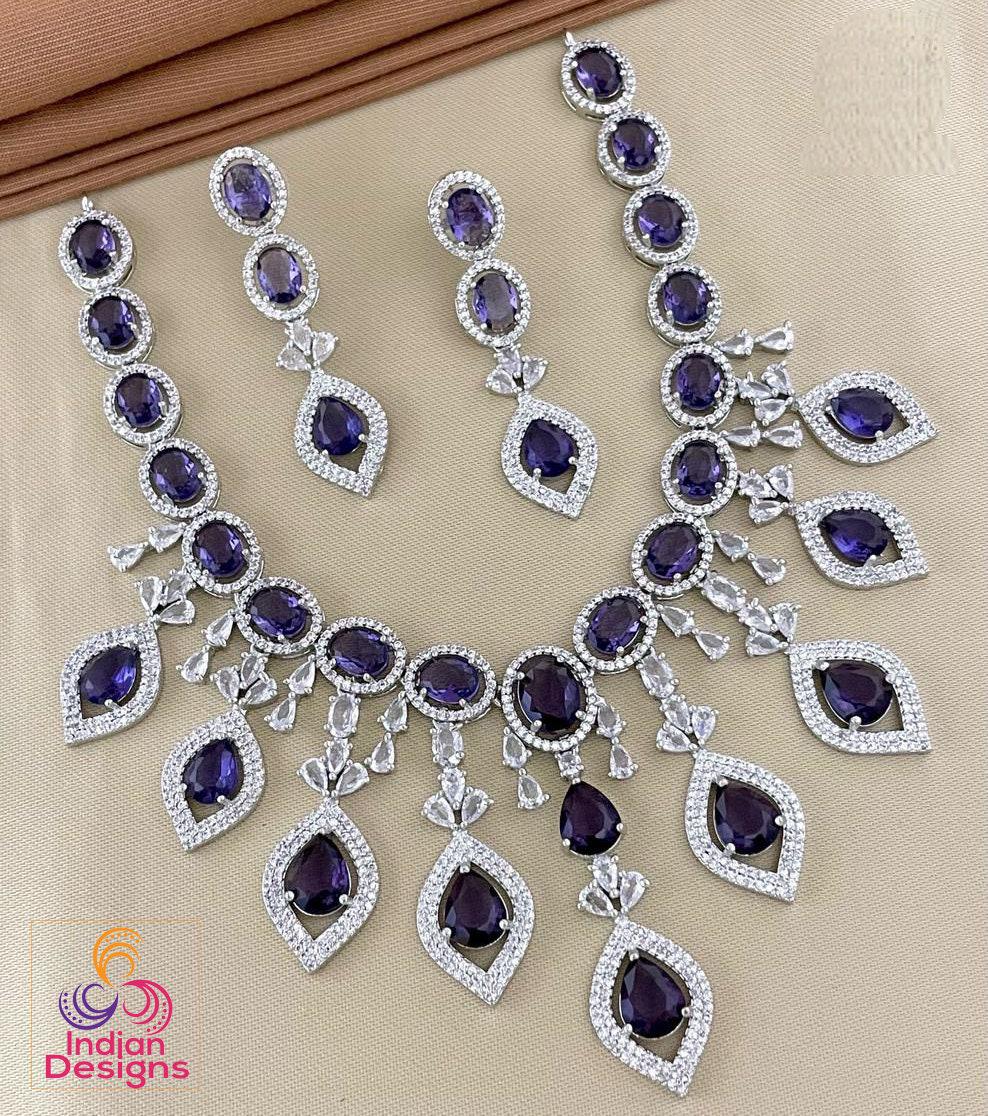 Mint Green Statement Necklace | American diamond necklace set rose gold | Cz ad Indian jewelry sets | Beautiful Pakistani Jewelry designs