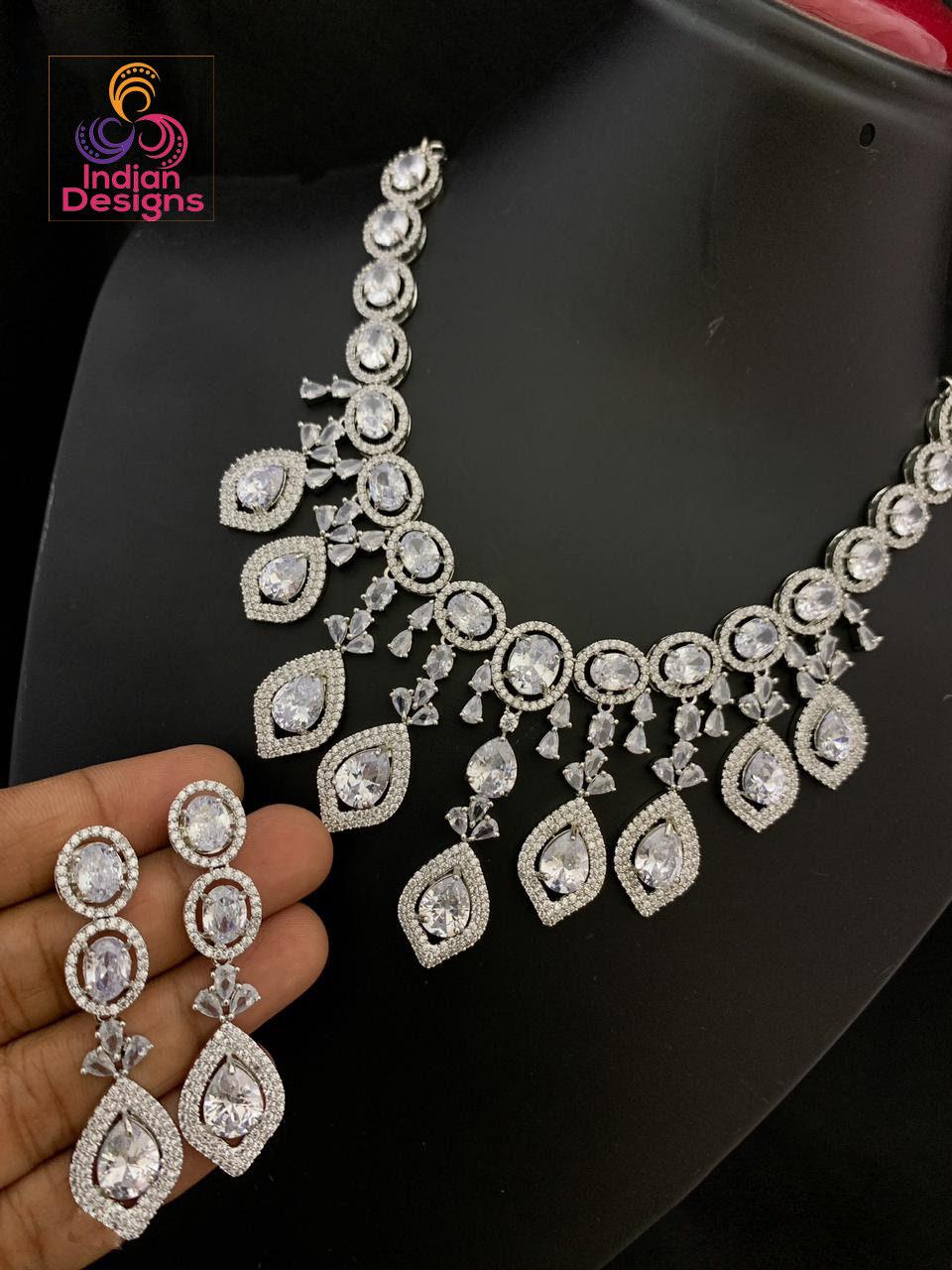 Mint Green Statement Necklace | American diamond necklace set rose gold | Cz ad Indian jewelry sets | Beautiful Pakistani Jewelry designs