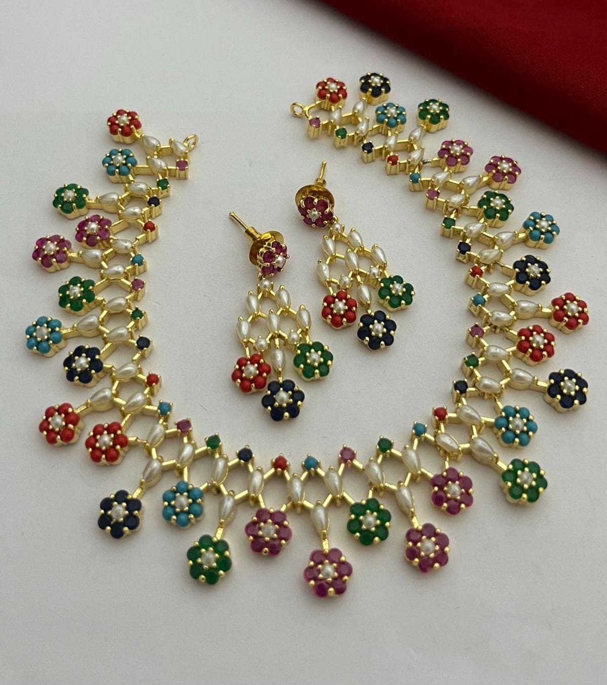 Real Pearl Floral Necklace Set with Green Stones| Multicolor Bridal Wedding Jewelry| Gold Plated Pearl Jewelry| Statement Necklace| For her