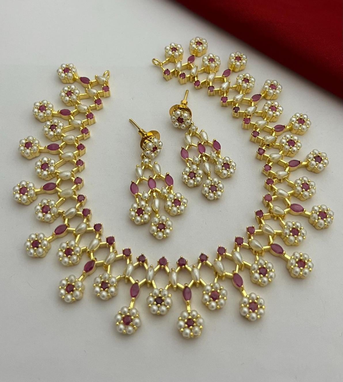 Real Pearl Floral Necklace Set with Green Stones| Multicolor Bridal Wedding Jewelry| Gold Plated Pearl Jewelry| Statement Necklace| For her