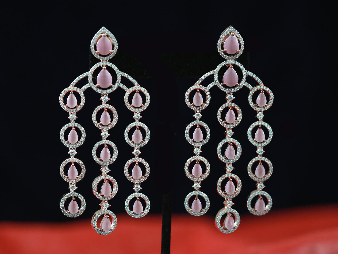 Wedding handmade earrings Rose gold | Beautiful bridal Chandelier earrings | Teardrop colored stone earrings | Long earrings for women
