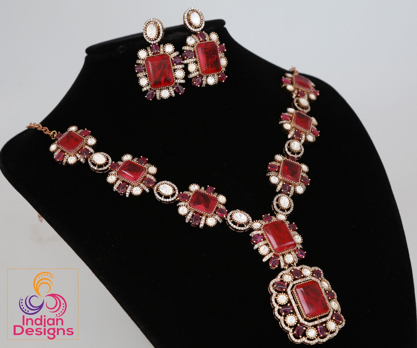 Doublet stone moissanite polki necklace & earring set| victorian gold emerald and pink kundan sabyasachi statement necklace set|gift for her