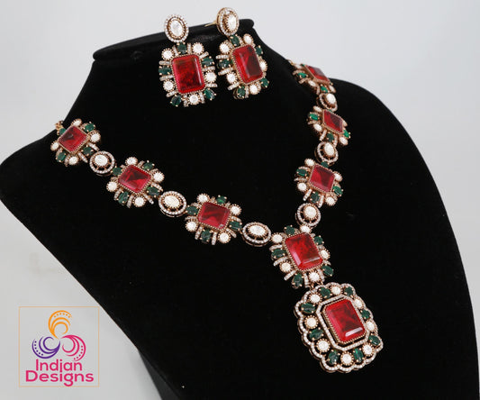Victorian Gold Polish American Diamond Necklace Set| Statement Necklace| Polki Kundan stone Necklace| Indian Wedding Jewelry| Gift for her