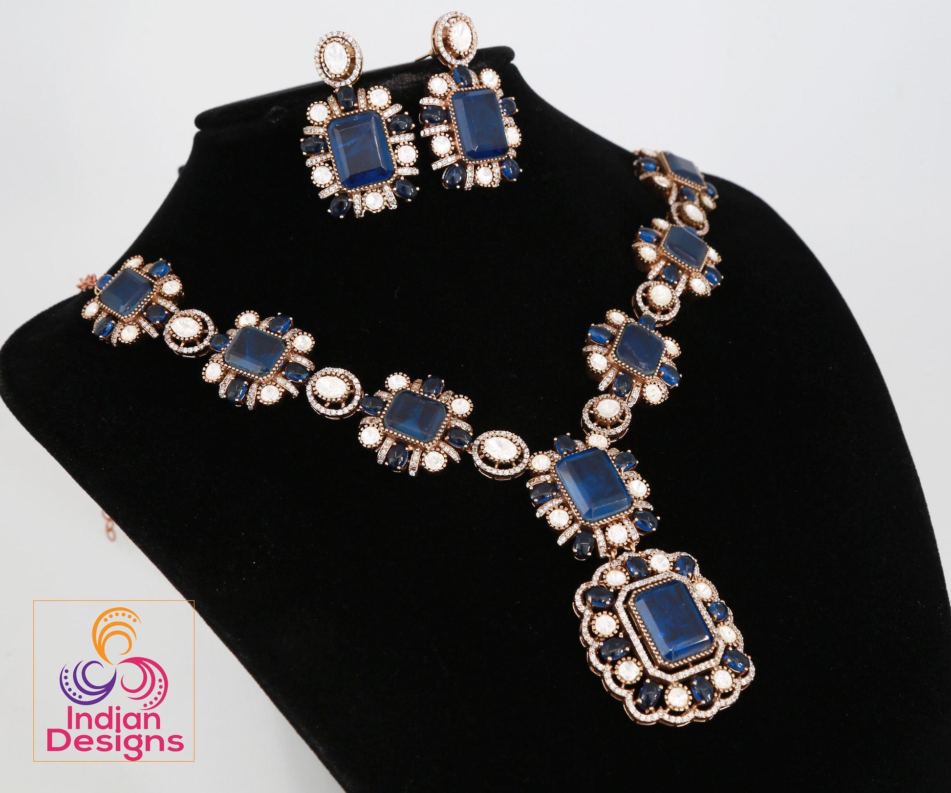 Victorian Gold Polish American Diamond Necklace Set| Statement Necklace| Polki Kundan stone Necklace| Indian Wedding Jewelry| Gift for her