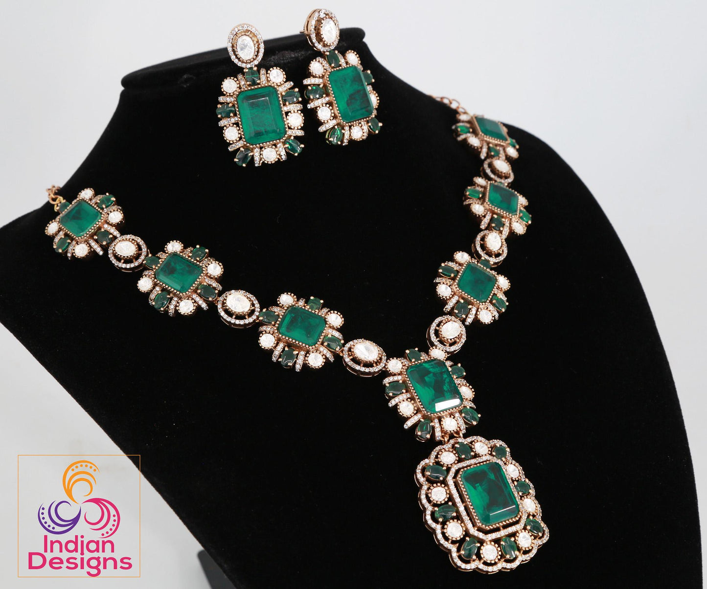 Victorian Gold Polish American Diamond Necklace Set| Statement Necklace| Polki Kundan stone Necklace| Indian Wedding Jewelry| Gift for her