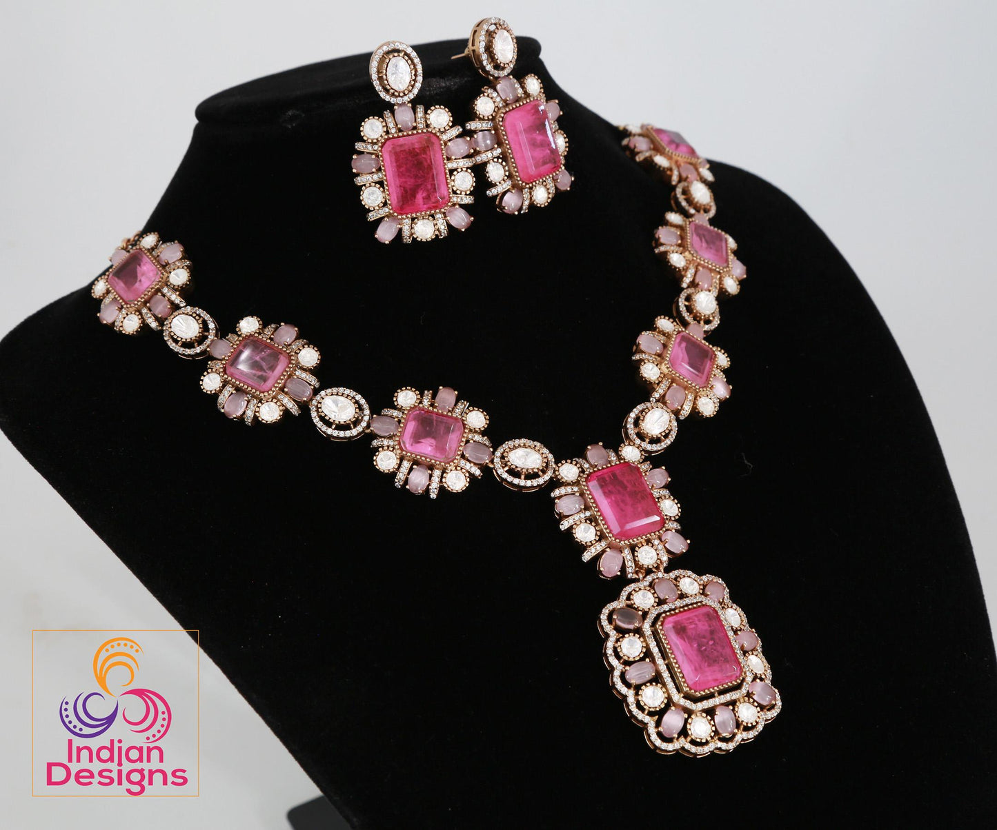 Victorian Gold Polish American Diamond Necklace Set| Statement Necklace| Polki Kundan stone Necklace| Indian Wedding Jewelry| Gift for her