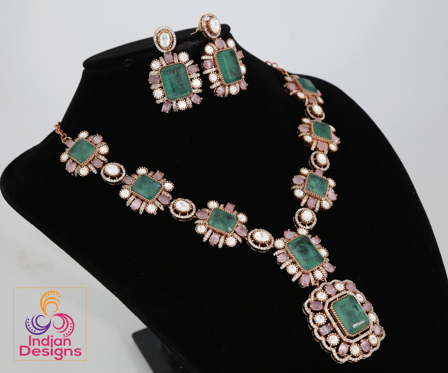 Victorian Gold Polish American Diamond Necklace Set| Statement Necklace| Polki Kundan stone Necklace| Indian Wedding Jewelry| Gift for her