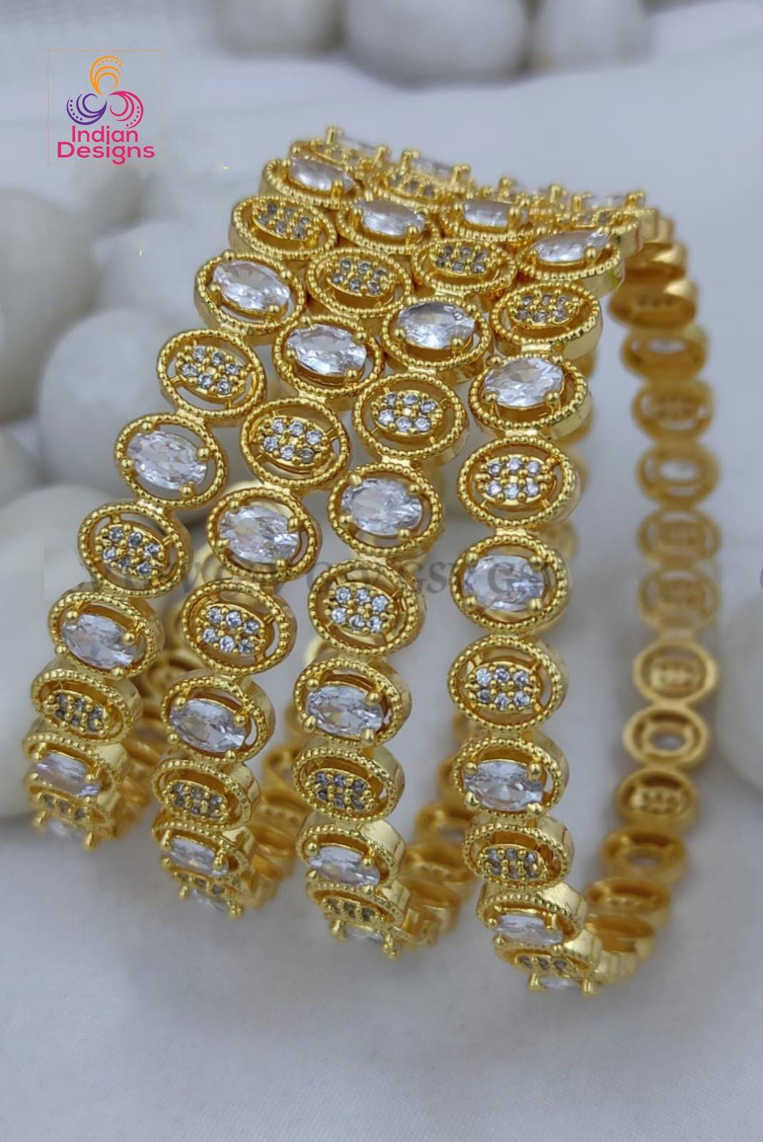 Gold Plated American Diamond White Oval stone bangles set of 4|One gram Gold CZ Party wear Bangles| 22K Yellow gold bangle set| Gift for her
