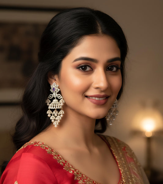 Grand american diamond jhumka earrings| cz bridal wedding danglers| ruby green purple stone jhumkis| statement earrings| fancy gift for her
