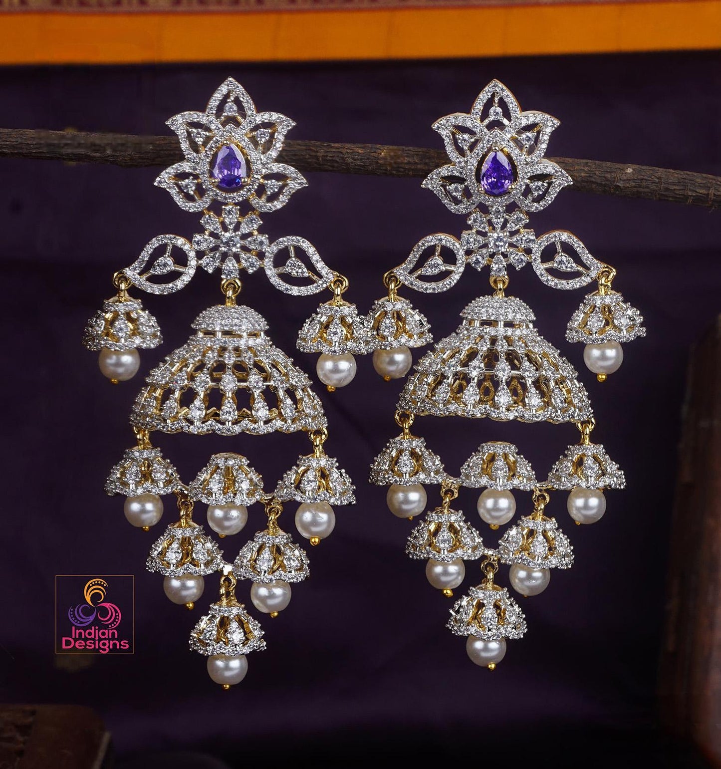 Grand american diamond jhumka earrings| cz bridal wedding danglers| ruby green purple stone jhumkis| statement earrings| fancy gift for her