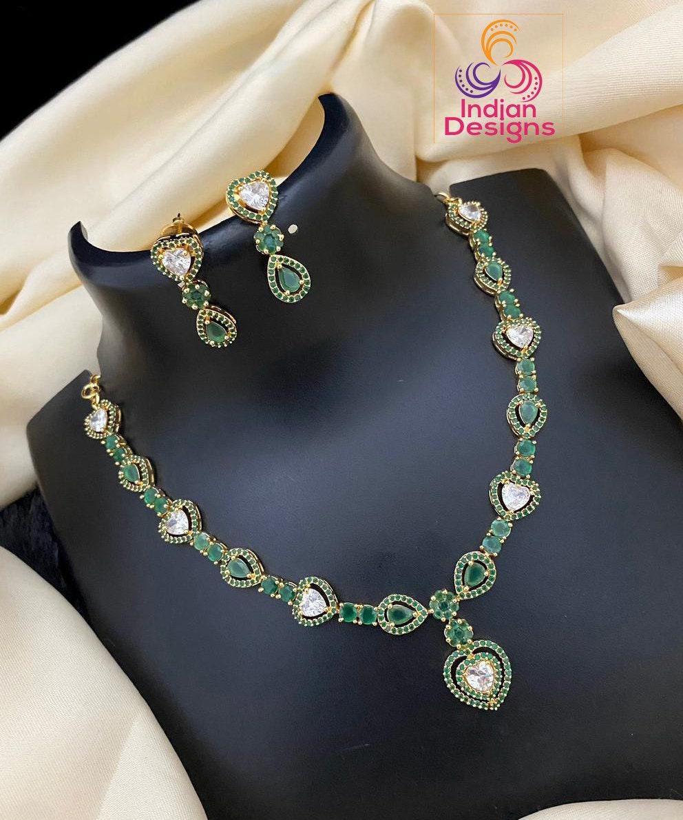 American Diamond Necklace-22k Gold polish | Emerald Ruby CZ Diamond choker Earrings | Indian jewelry sets |Party wear necklace |Gift for her