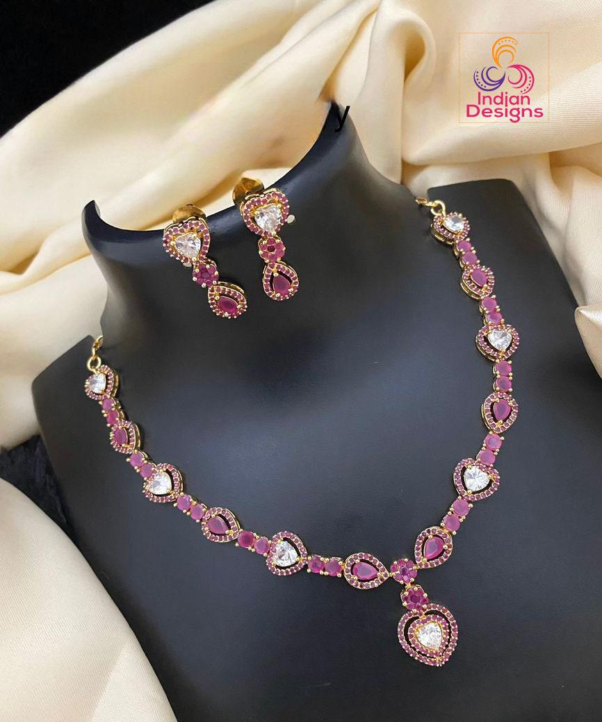 American Diamond Necklace-22k Gold polish | Emerald Ruby CZ Diamond choker Earrings | Indian jewelry sets |Party wear necklace |Gift for her