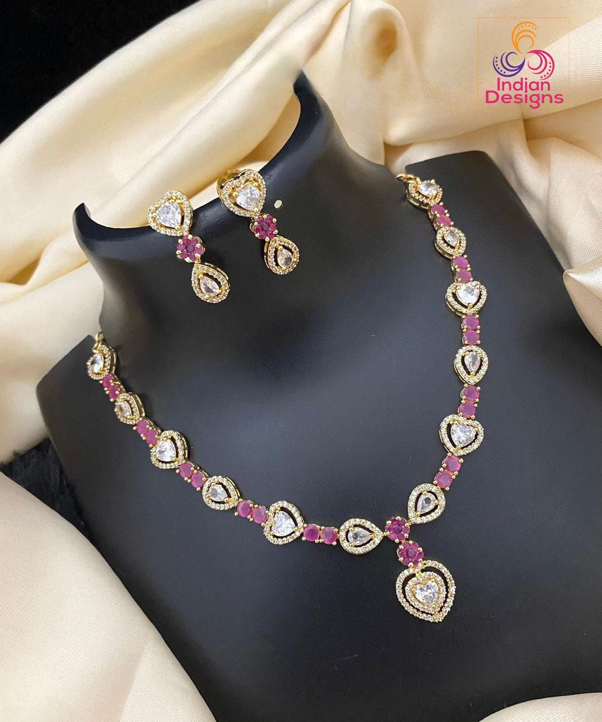 American Diamond Necklace-22k Gold polish | Emerald Ruby CZ Diamond choker Earrings | Indian jewelry sets |Party wear necklace |Gift for her