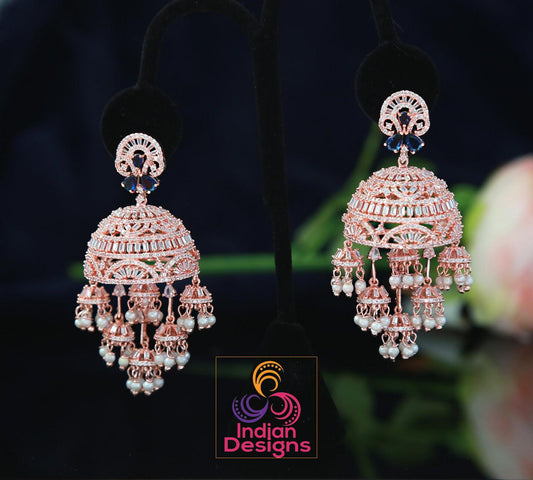Shop beautiful indian wedding bridal jhumka | rose gold -blue and white- american diamond ad jhumka earrings | punjabi wedding heavy jhumkas