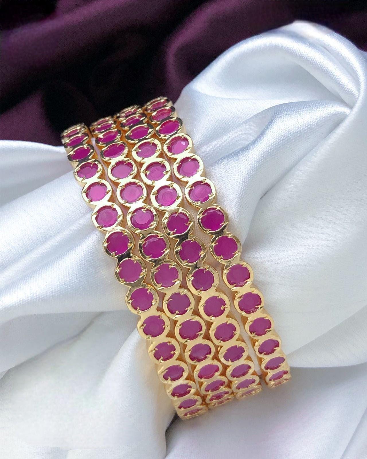Gold polish Designer bangles studded with round Cz AD ruby stones, High quality Indian wedding bangle set of 4, Gift for her