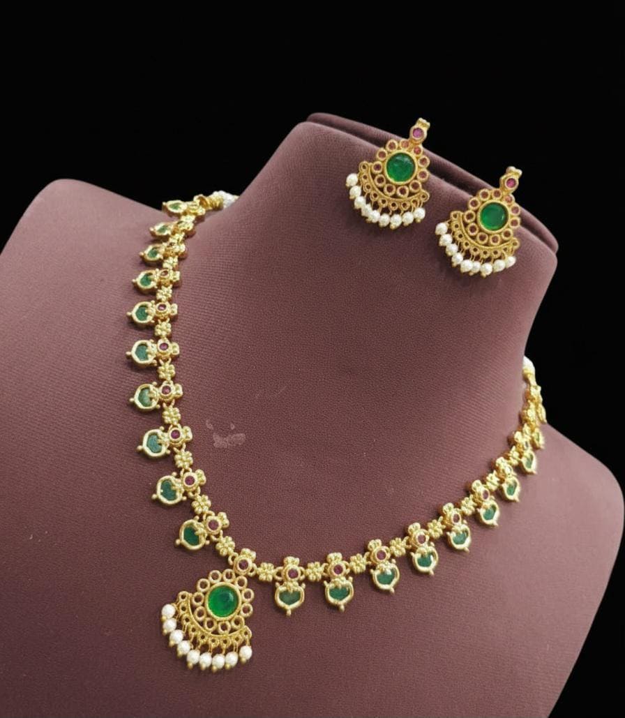 Indian Ruby Emerald Necklace short Set| Gold Plated Palakka mala AD Stone & Pearl Drop Traditional South Indian Wedding Jewelry|Gift for her