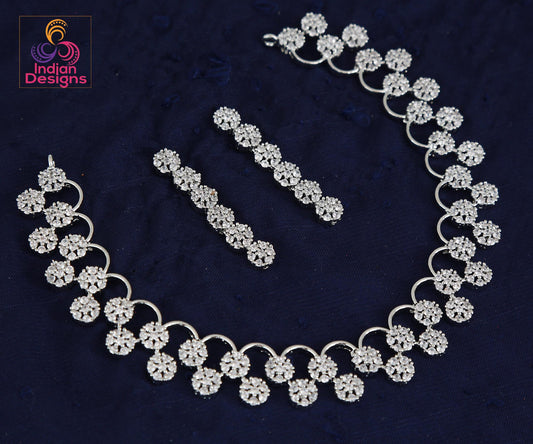 Pink & Green American diamond necklace set with earrings| Floral Design CZ Choker Simple necklace| Indian jewelry online |South Indian style