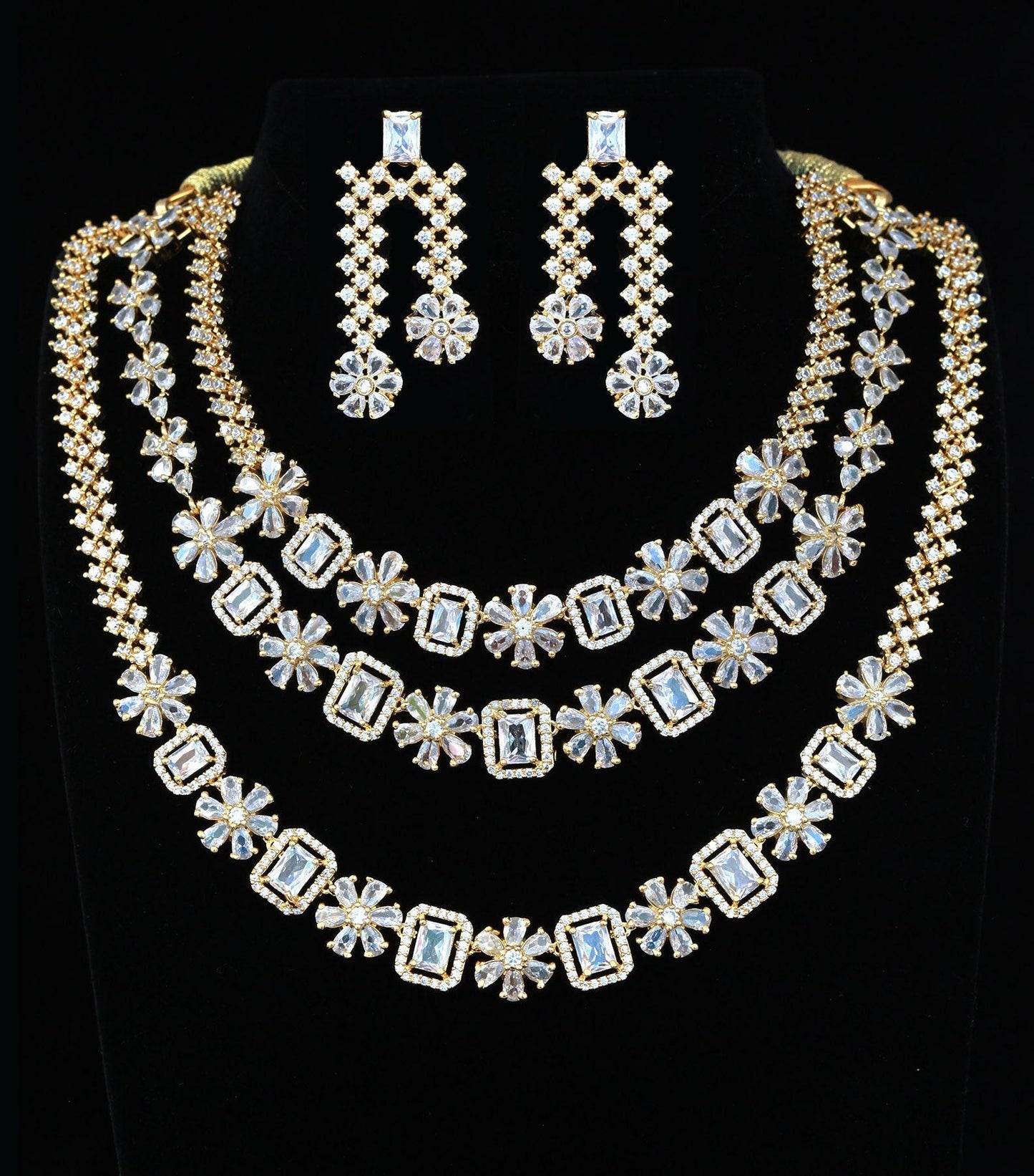Mothers Day Gift, 3 layer American Diamond Gold Floral necklace, Multi-strand CZ wedding Designer jewelry, Statement Jewelry Indian Designs