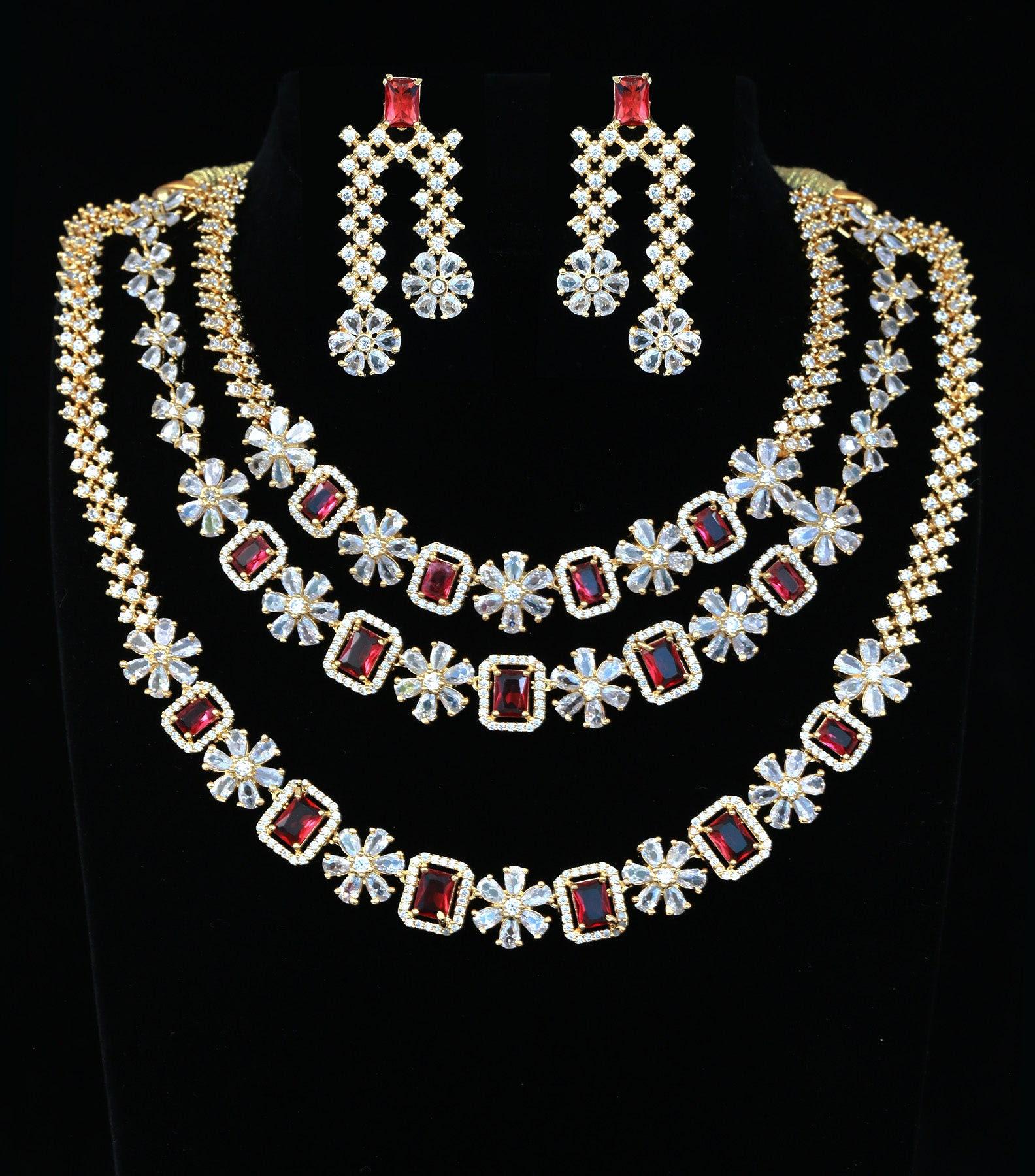 Mothers Day Gift, 3 layer American Diamond Gold Floral necklace, Multi-strand CZ wedding Designer jewelry, Statement Jewelry Indian Designs