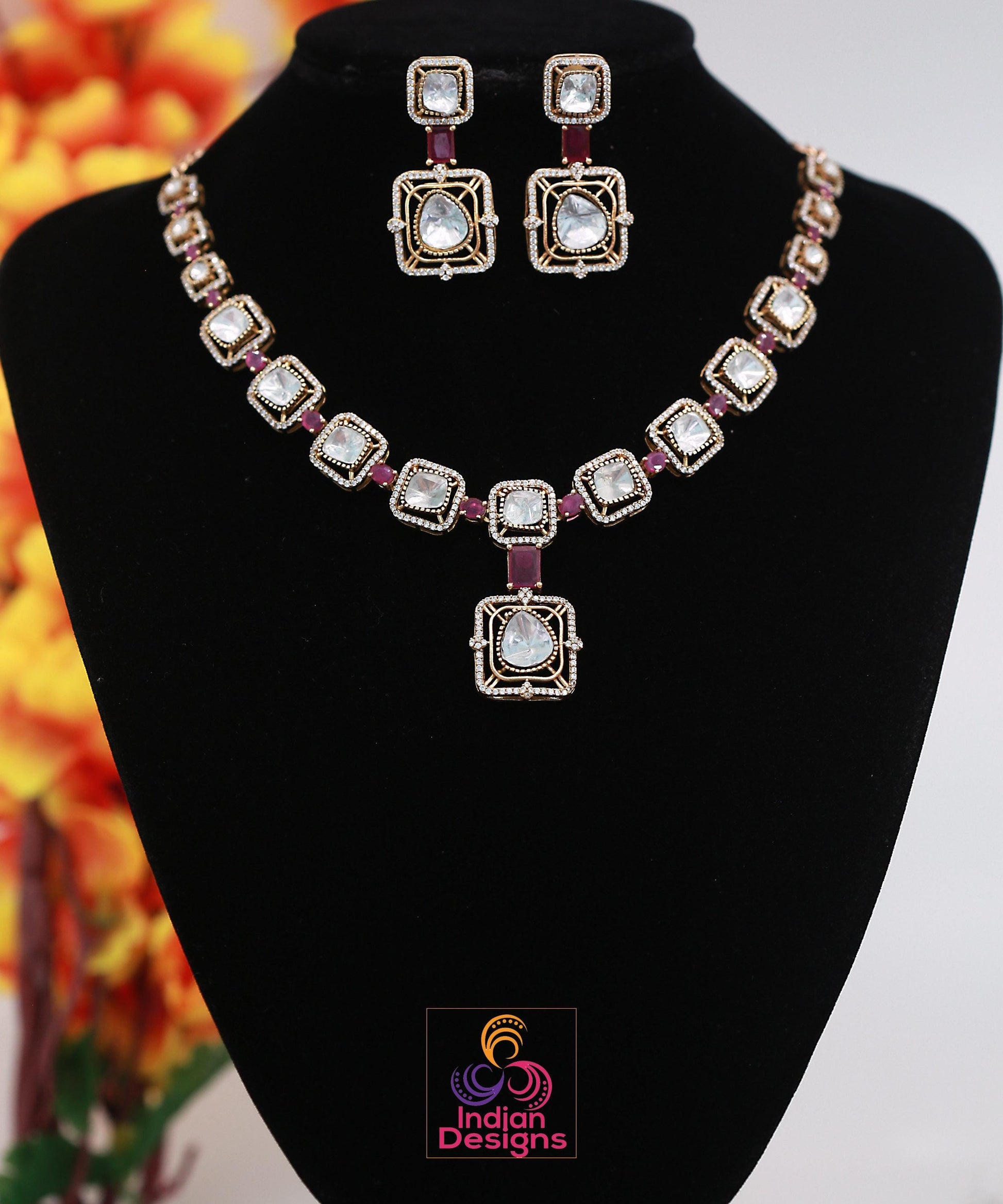 Victorian Gold Polish Kundan Necklace Set| Statement Necklace| Uncut Polki Kundan stone Necklace| Indian Wedding Bridal Jewelry|Gift for her