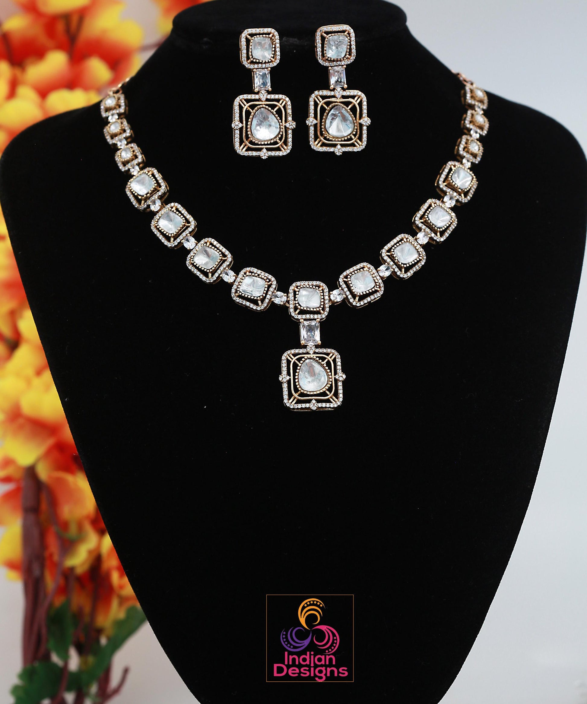 Victorian Gold Polish Kundan Necklace Set| Statement Necklace| Uncut Polki Kundan stone Necklace| Indian Wedding Bridal Jewelry|Gift for her