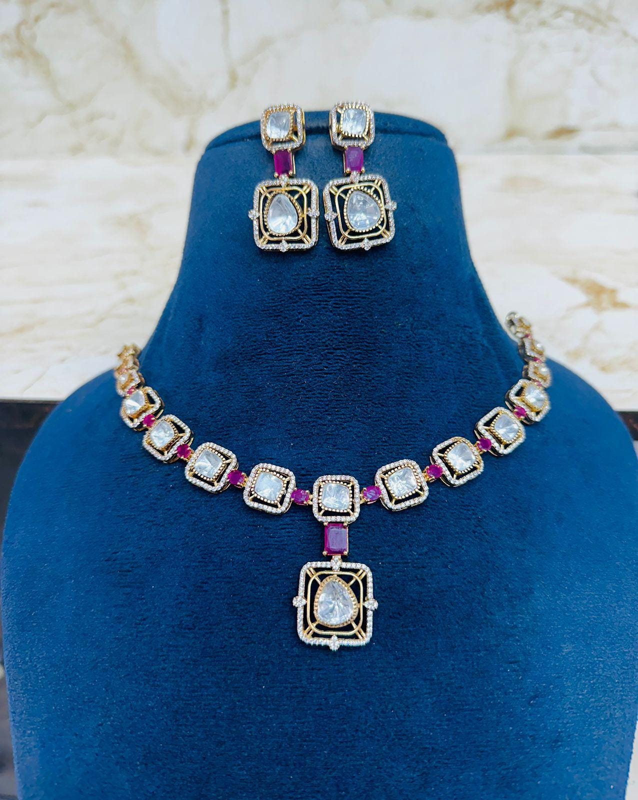 Victorian Gold Polish Kundan Necklace Set| Statement Necklace| Uncut Polki Kundan stone Necklace| Indian Wedding Bridal Jewelry|Gift for her