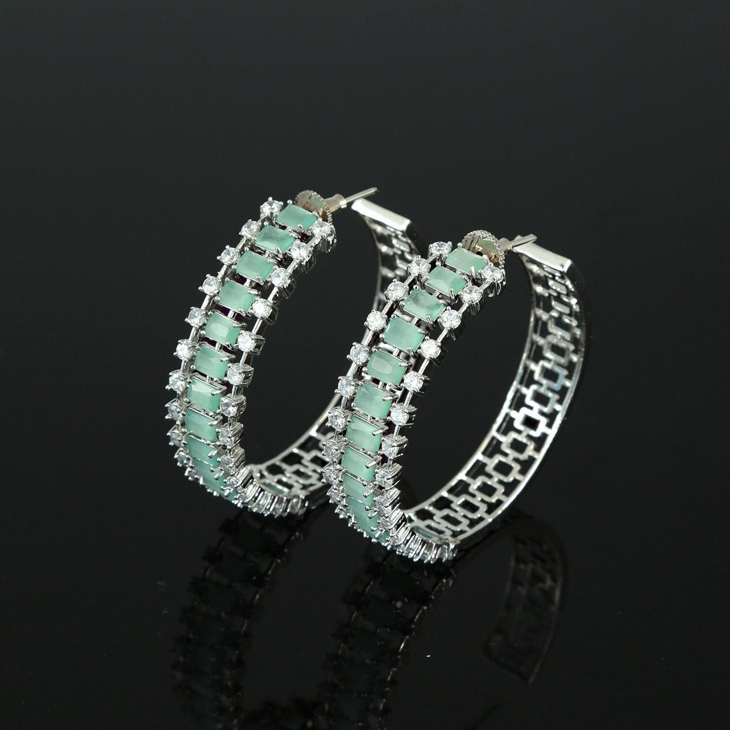 Rhodium plated Large Circle AD Chandbali earrings | Indian Jewelry Earrings | chand bali earrings for saree | CZ Diamond Statement Earrings