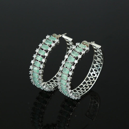 Rhodium plated Large Circle AD Chandbali earrings | Indian Jewelry Earrings | chand bali earrings for saree | CZ Diamond Statement Earrings