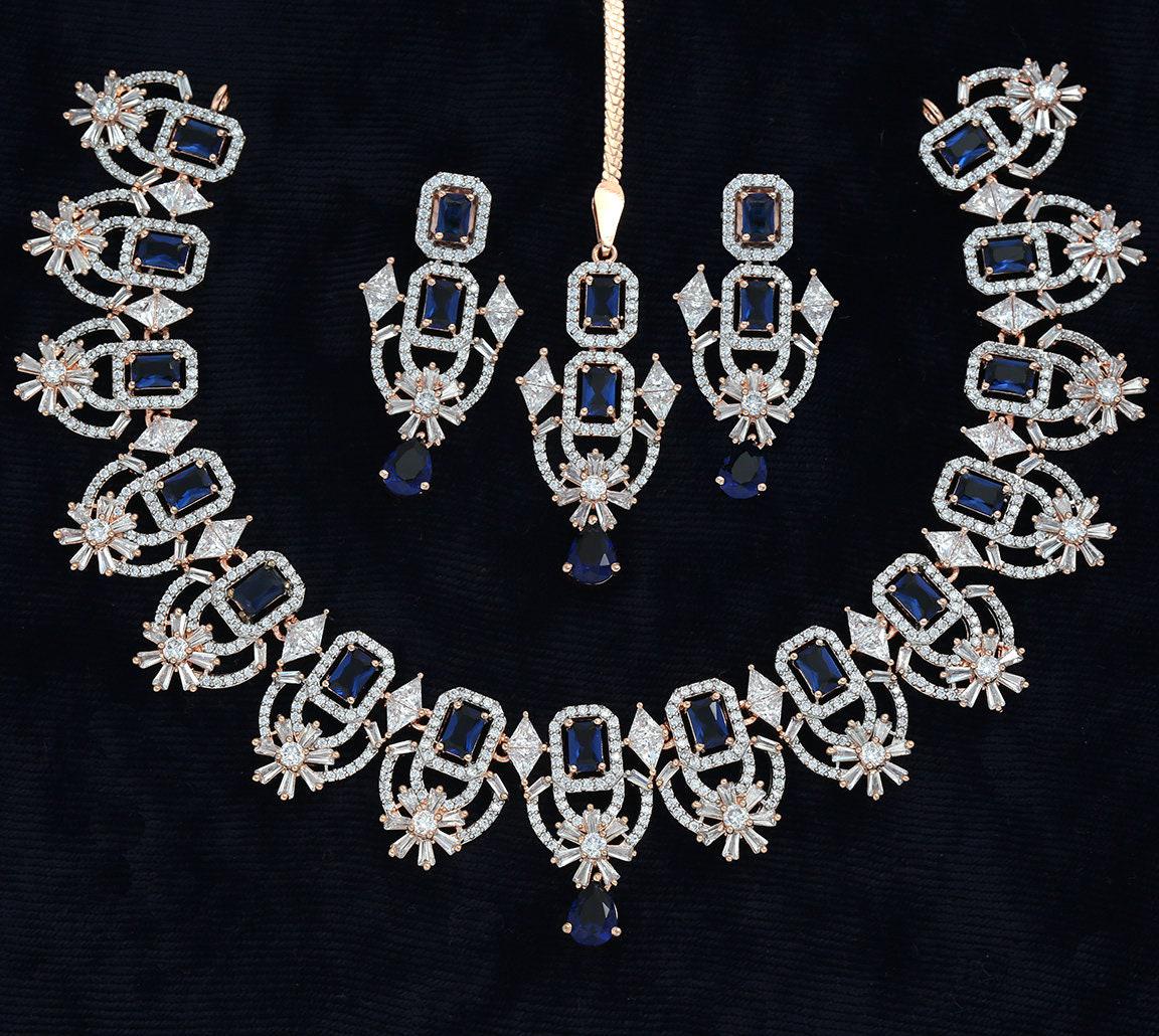 Rose gold wedding bridal necklace tikka set | blue sapphire & grey cz statement necklace | luxury style necklace wedding jewelry for bride