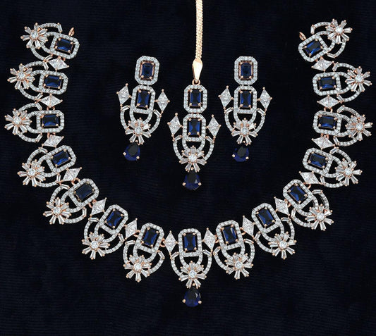 Rose gold wedding bridal necklace tikka set | blue sapphire & grey cz statement necklace | luxury style necklace wedding jewelry for bride