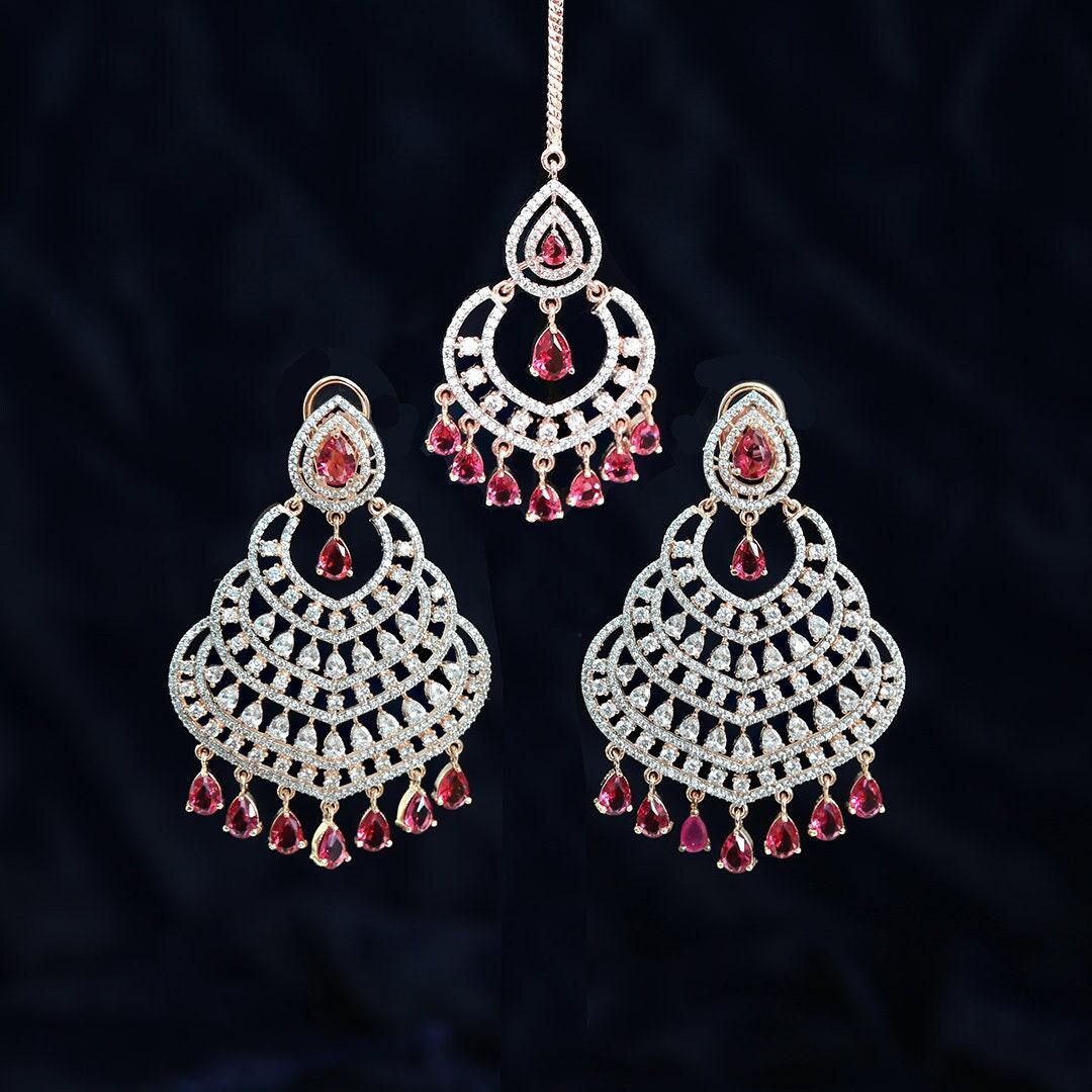 Exceptional Quality Rose Gold Chandbali Chandelier Earrings Maang tikka combo Bollywood Celebrity Jewelry