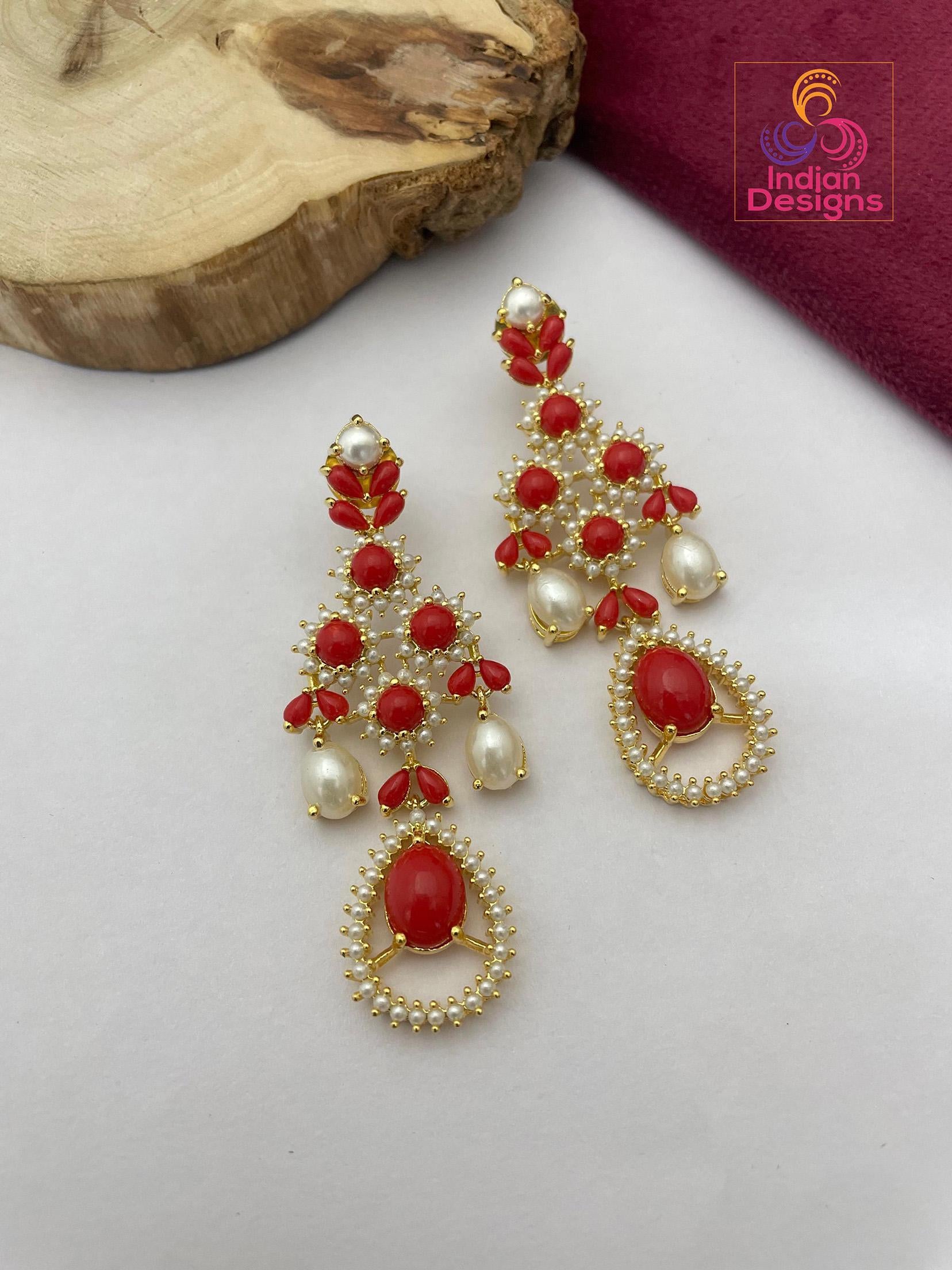 Red Coral and Pearl chandelier Earrings