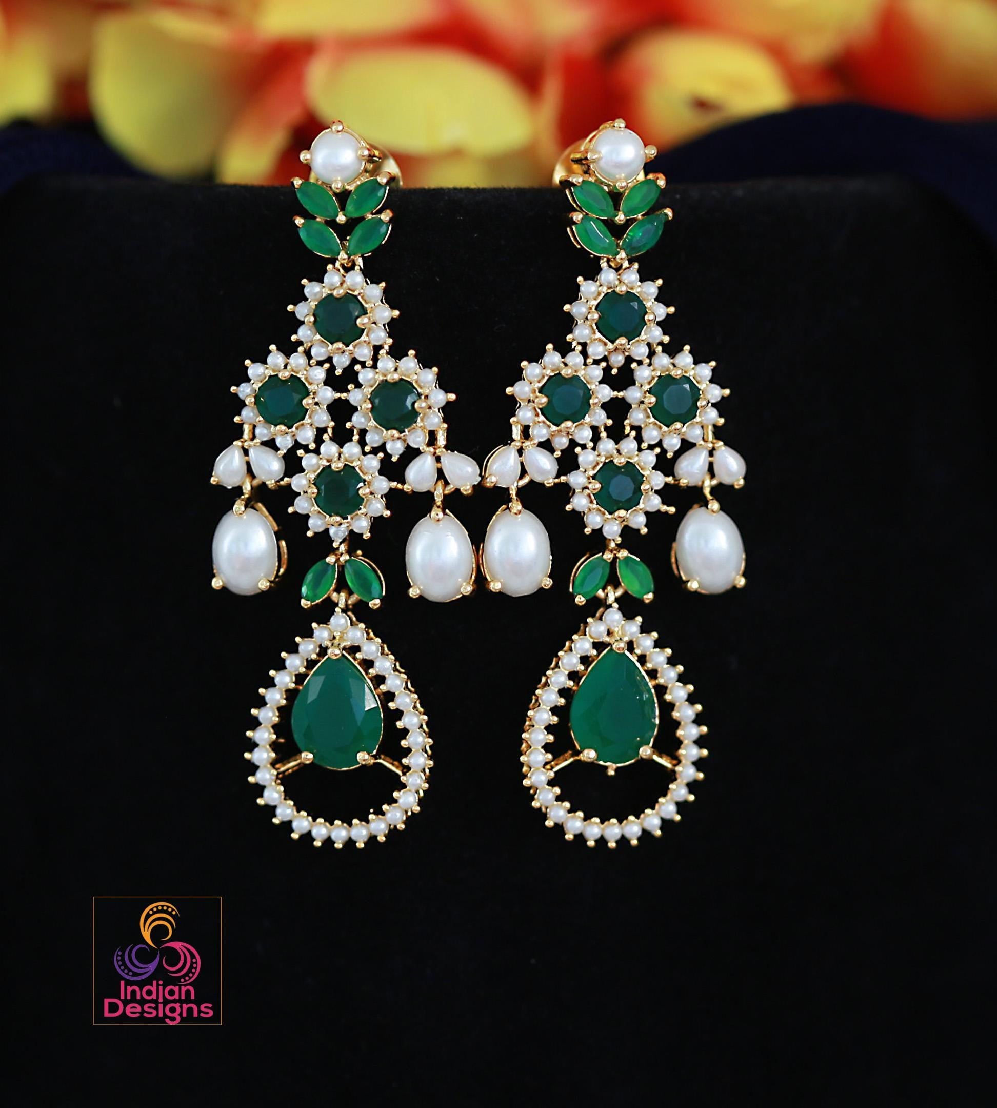 Designer pearl chandelier earrings| statement bridal long earrings| indian festive dangler earrings| multiple color options| gift for her
