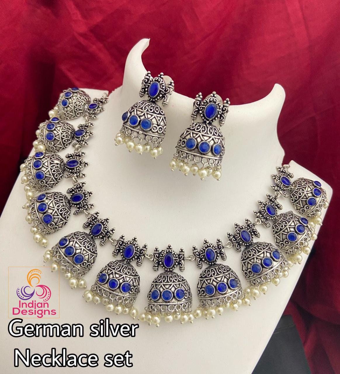 Silver Oxidized Skyblue stone German Silver necklace with Jhumka Earrings |Stone Studded Jhumki Necklace with faux pearl drops |Gift for her