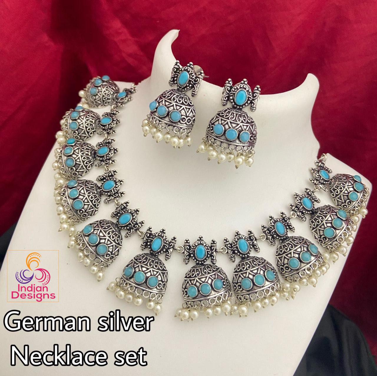 Silver Oxidized Skyblue stone German Silver necklace with Jhumka Earrings |Stone Studded Jhumki Necklace with faux pearl drops |Gift for her