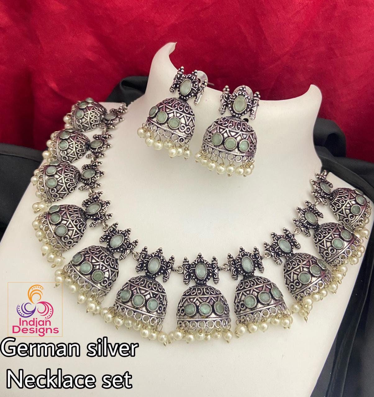 Silver Oxidized Skyblue stone German Silver necklace with Jhumka Earrings |Stone Studded Jhumki Necklace with faux pearl drops |Gift for her