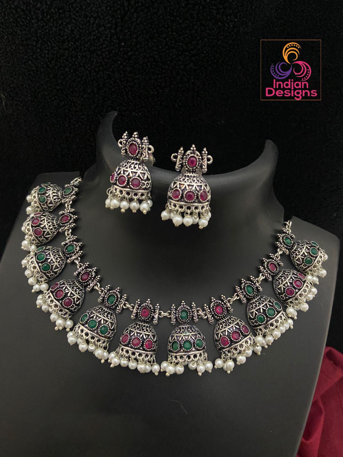 Silver Oxidized Skyblue stone German Silver necklace with Jhumka Earrings |Stone Studded Jhumki Necklace with faux pearl drops |Gift for her