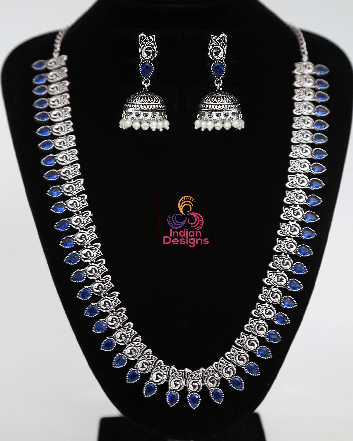 Oxidized Silver Long Haram set with Jhumka & Nose Pin | German Silver Long necklace Jhumka Jhumki | Indian Tribal jewelry | Wedding necklace