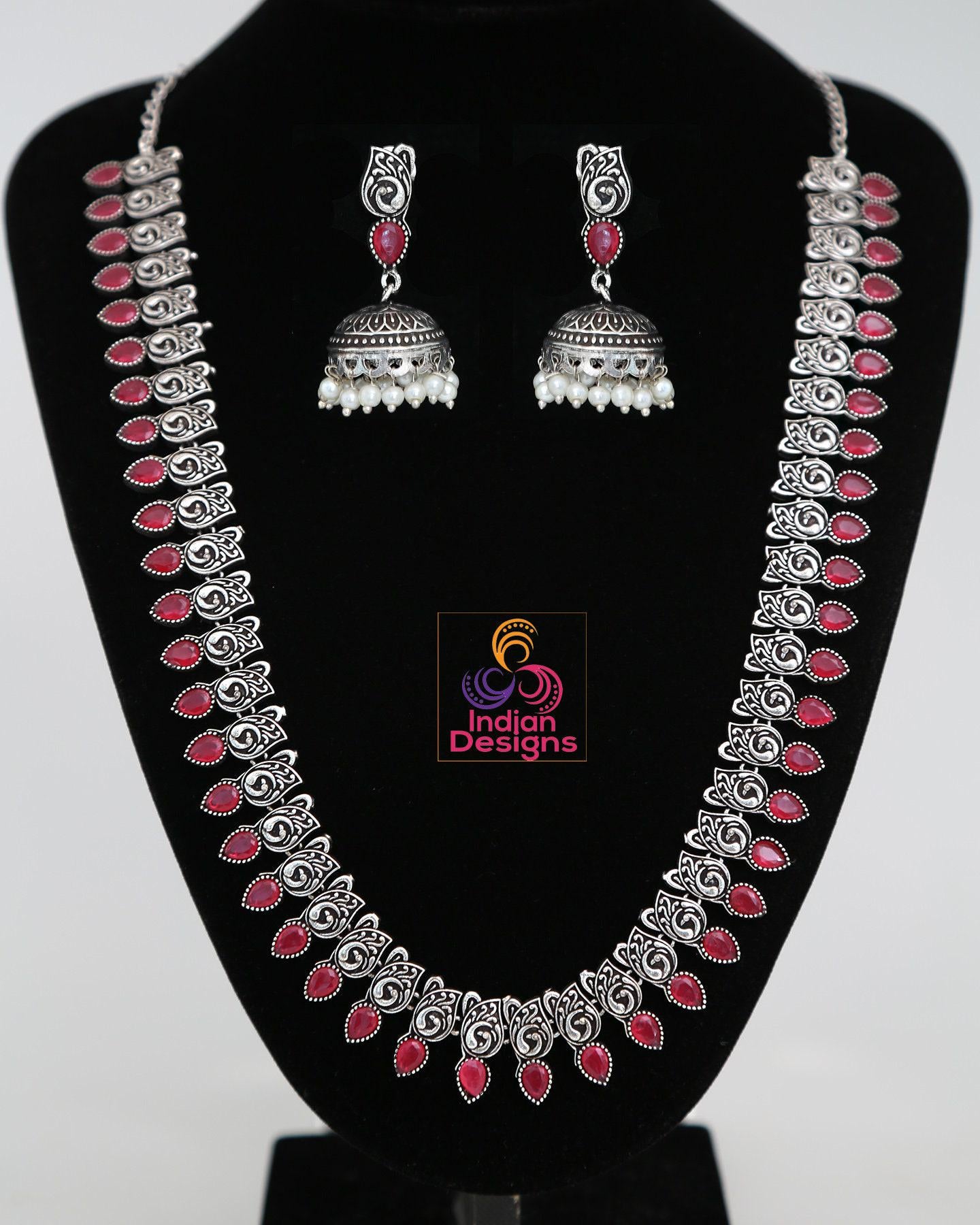 Oxidized Silver Long Haram set with Jhumka & Nose Pin | German Silver Long necklace Jhumka Jhumki | Indian Tribal jewelry | Wedding necklace