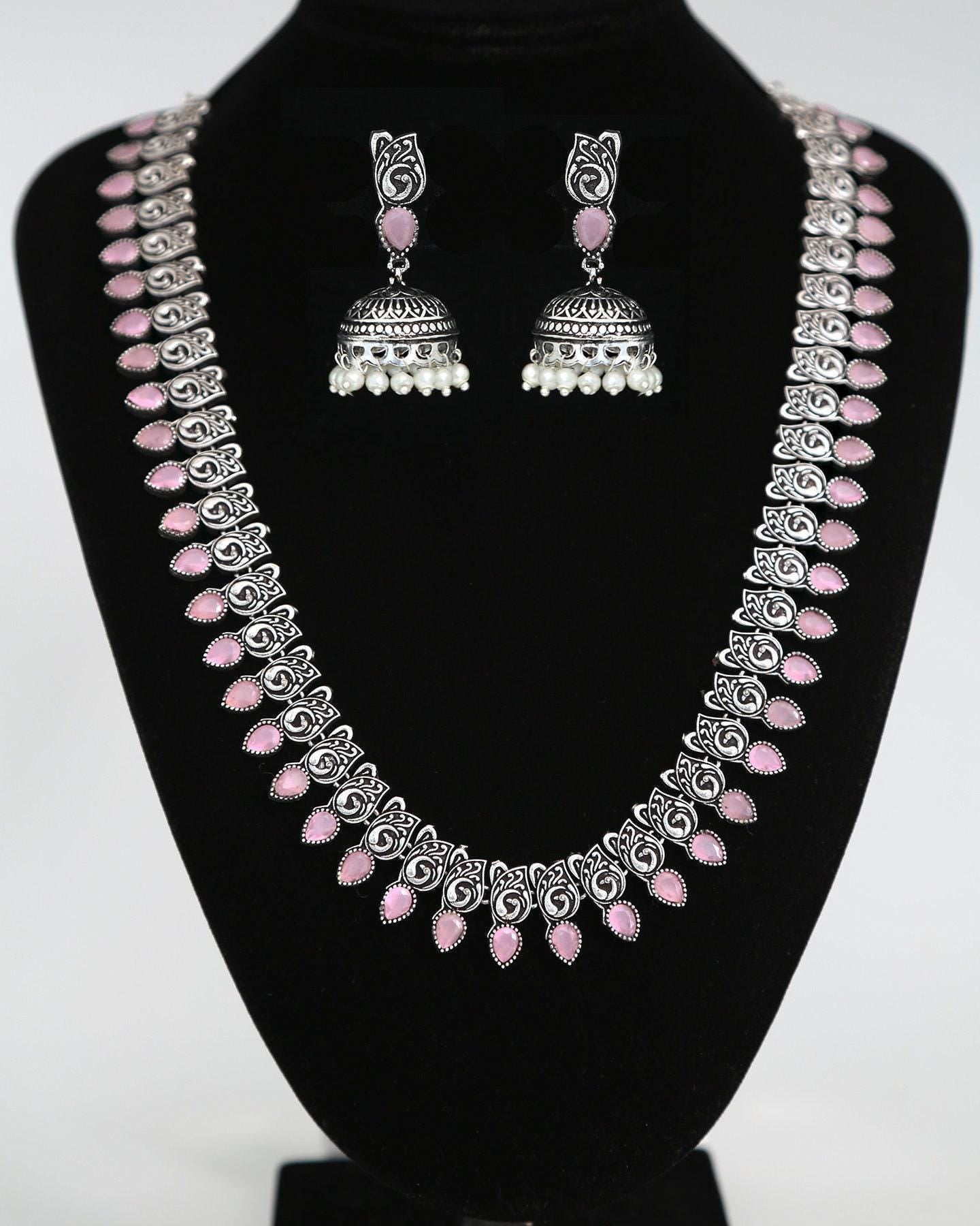 Oxidized Silver Long Haram set with Jhumka & Nose Pin | German Silver Long necklace Jhumka Jhumki | Indian Tribal jewelry | Wedding necklace