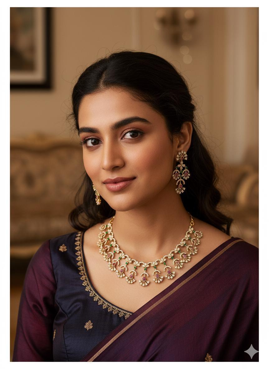 AD Choker Necklace Set with Earrings | Gold Finish CZ Jewelry | Ruby, Emerald & White Stone Choker | Indian Wedding Jewelry| Gift for her