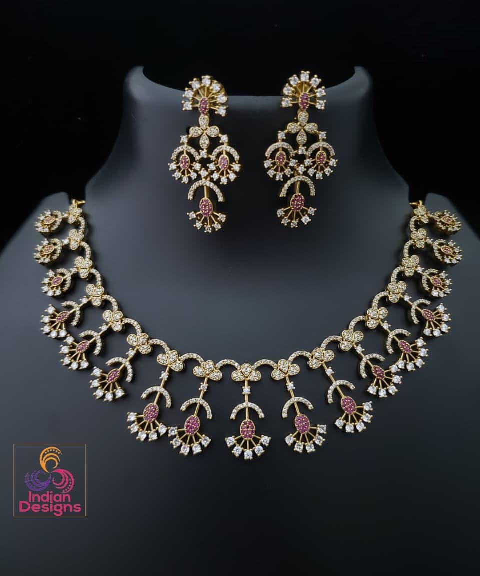 AD Choker Necklace Set with Earrings | Gold Finish CZ Jewelry | Ruby, Emerald & White Stone Choker | Indian Wedding Jewelry| Gift for her