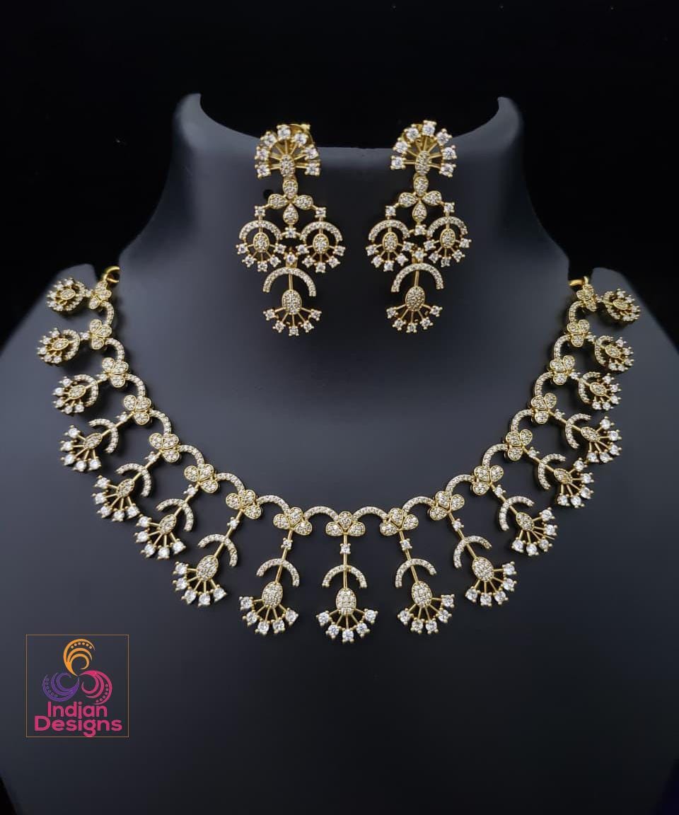 AD Choker Necklace Set with Earrings | Gold Finish CZ Jewelry | Ruby, Emerald & White Stone Choker | Indian Wedding Jewelry| Gift for her