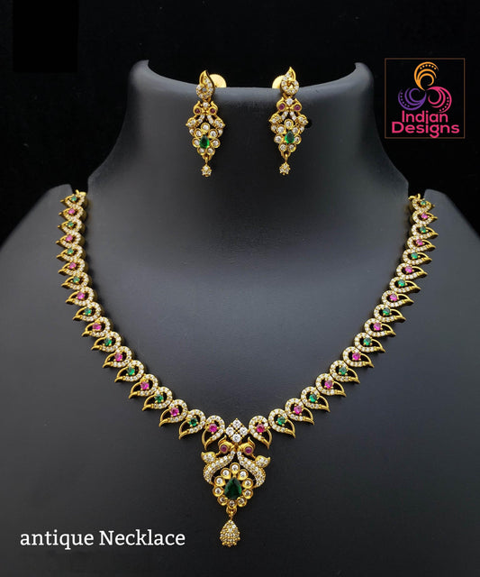 Antique gold ruby & green necklace earrings set| traditional ad stone choker| south indian wedding party wear jewelry set | gift for her