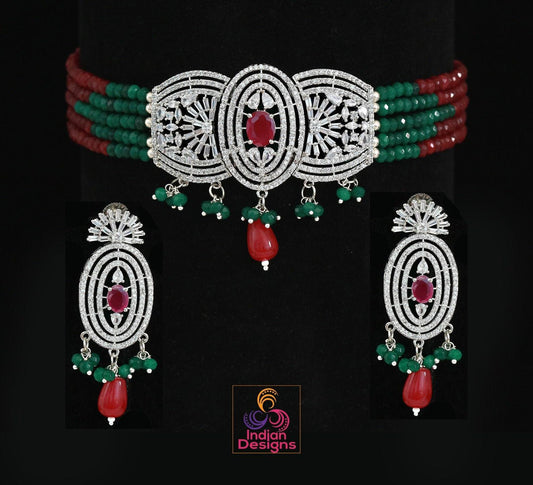 Cute silver CZ choker necklaces | American Diamond Indian Choker earring set | Pakistani choker Necklace | Indian wedding bridal Necklace