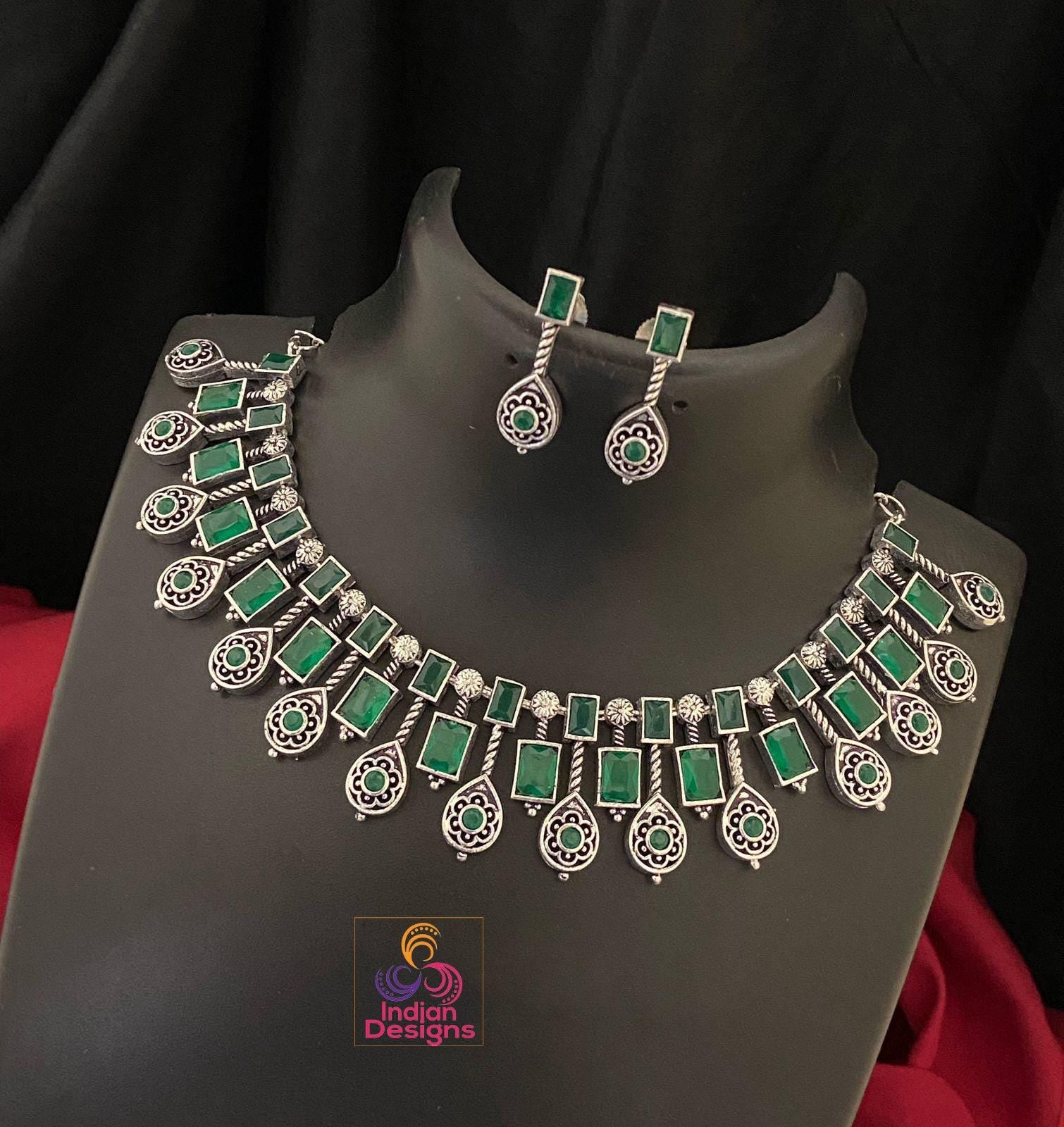 Traditional Indian Silver Oxidized Choker Necklace with Multicolor Gemstones & Matching Earrings Set| German Silver jewelry | Gift for her