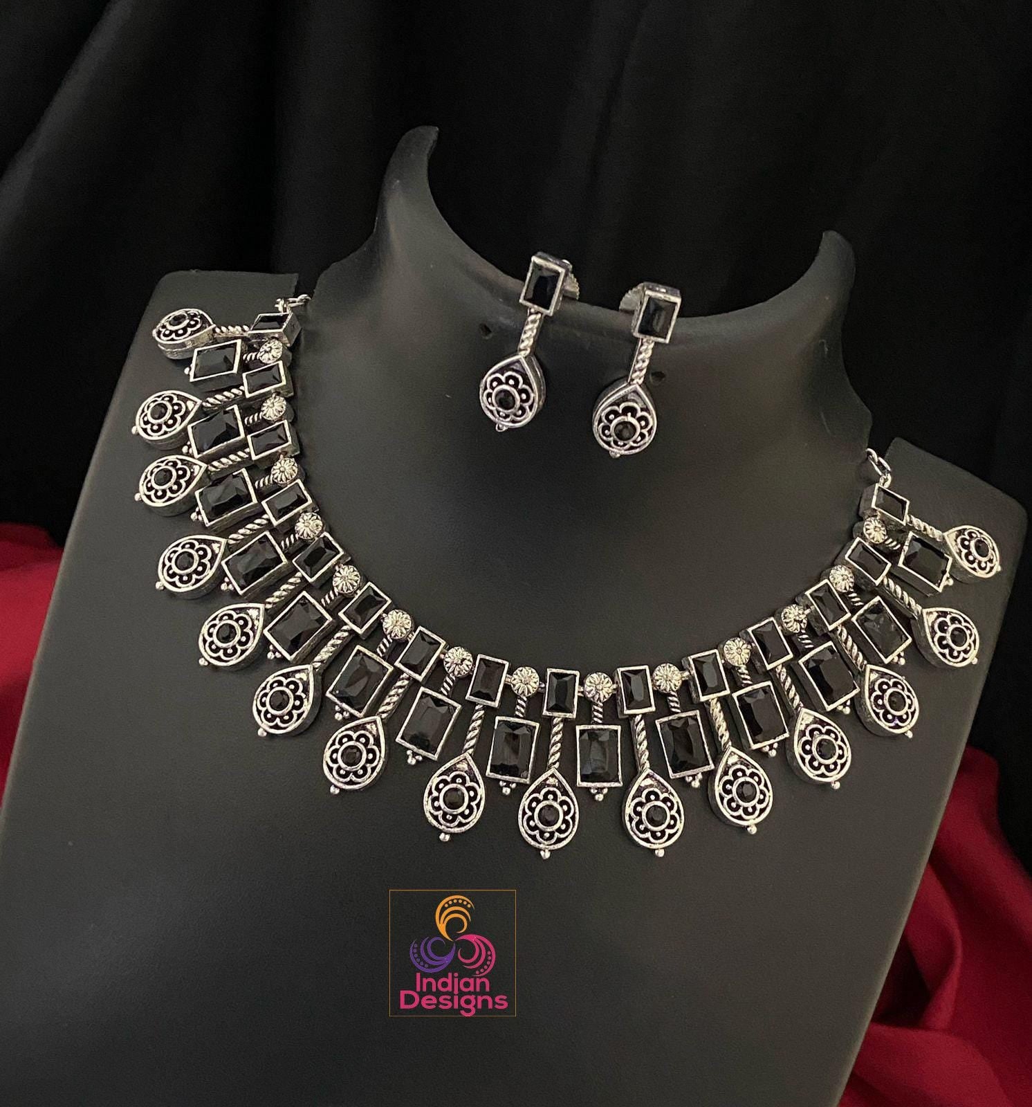 Traditional Indian Silver Oxidized Choker Necklace with Multicolor Gemstones & Matching Earrings Set| German Silver jewelry | Gift for her