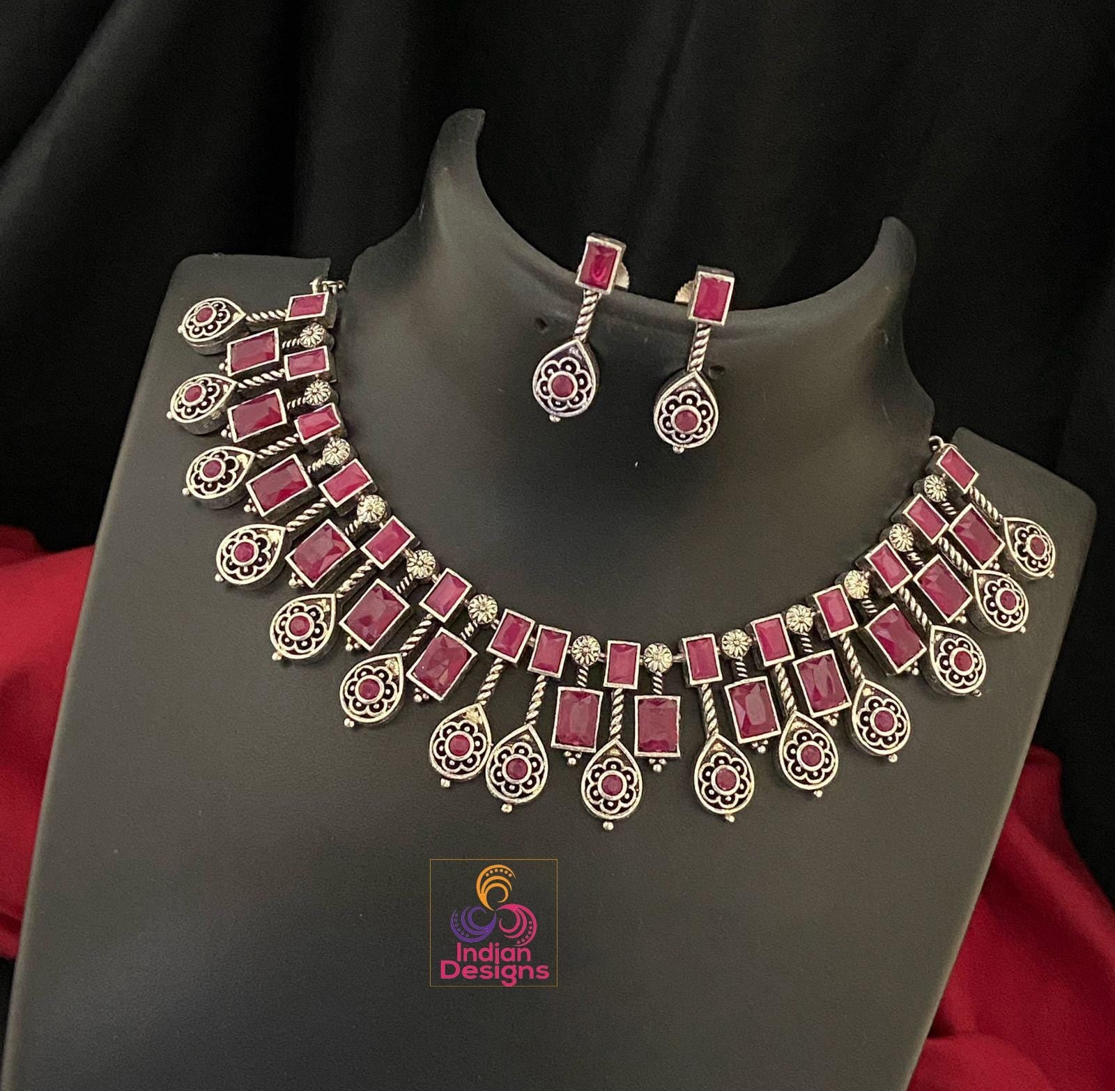 Traditional Indian Silver Oxidized Choker Necklace with Multicolor Gemstones & Matching Earrings Set| German Silver jewelry | Gift for her