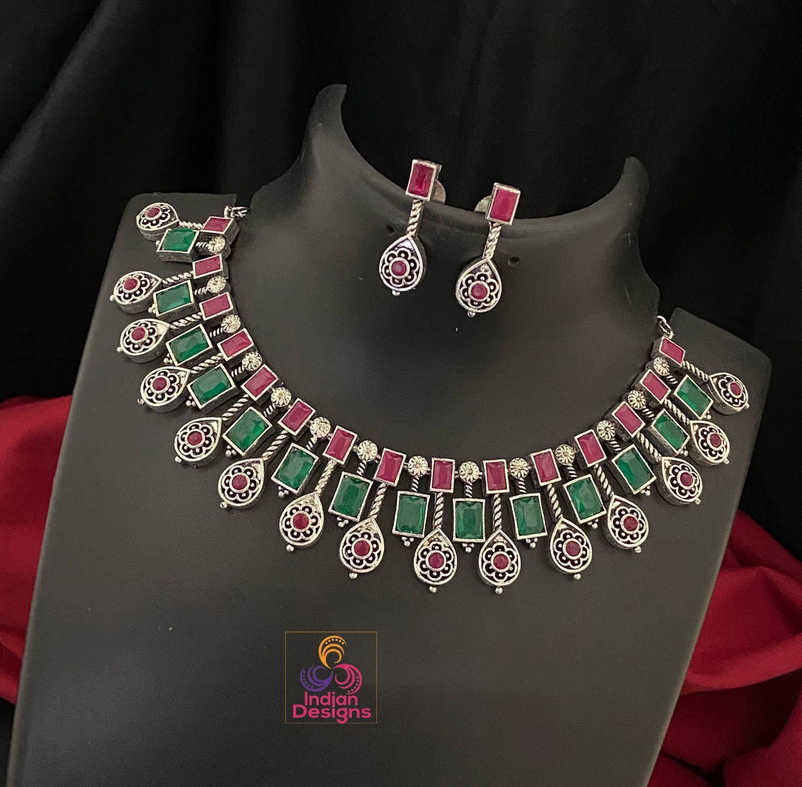 Traditional Indian Silver Oxidized Choker Necklace with Multicolor Gemstones & Matching Earrings Set| German Silver jewelry | Gift for her